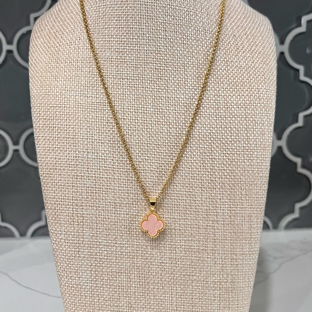 Gold Necklace with Pink Clover Pendant